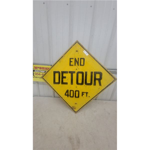 Vintage “End Detour 400 Ft.” Diamond-Shaped Metal Road Sign, 24” × 24”