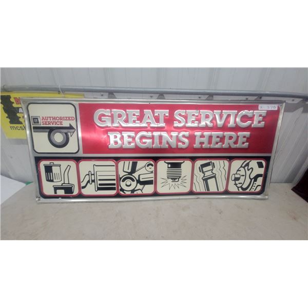 GM Authorized Service "Great Service Begins Here" metal embossed Advertising Sign, circa 1970s