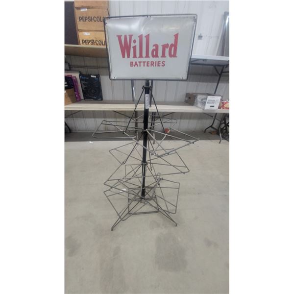 Vintage Willard Battery Rack with Metal Topper Sign, 3-Tier, 46”