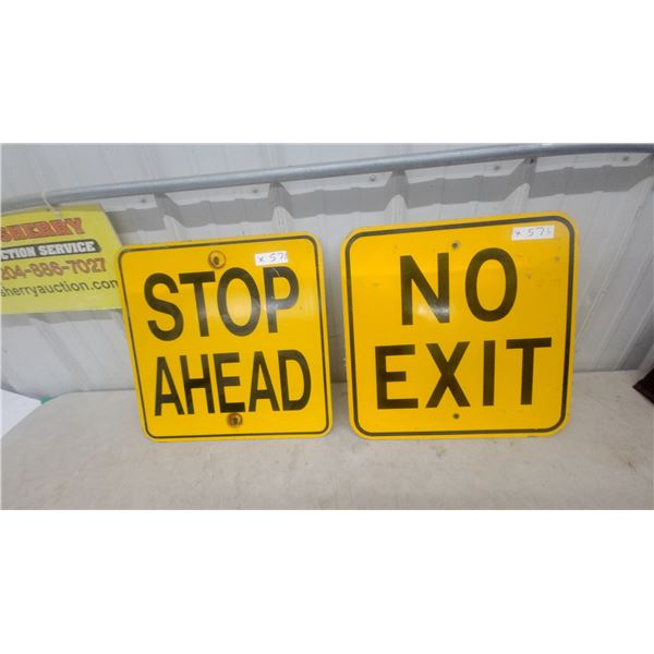 "Stop Ahead" and "No Exit" Yellow Metal Traffic Signs 18”×18”
