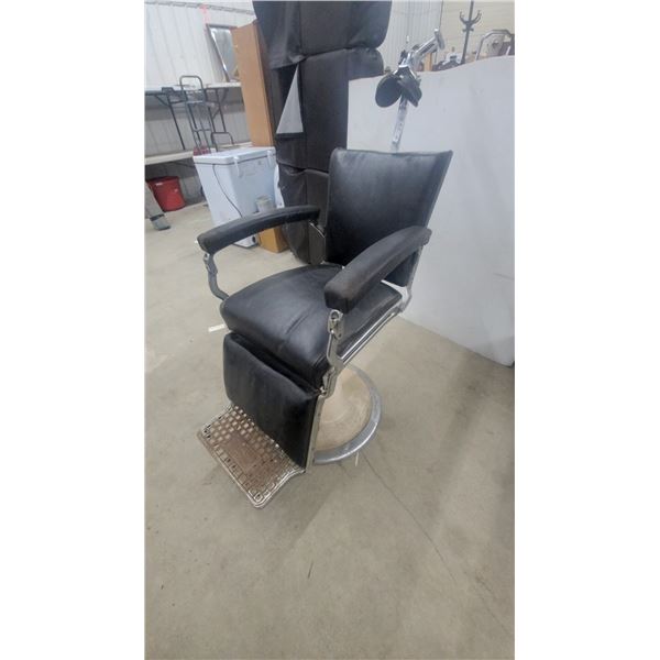 Vintage Emil J. Paidar Black Leather Hydraulic Barber Chair with Cast Iron Footrest