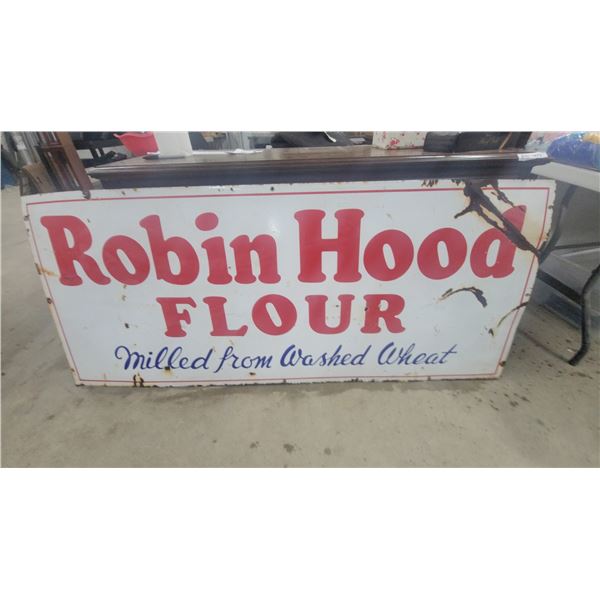 Robin Hood Flour "Milled From Washed Wheat" Vintage Enamel Advertising Sign 30”×72”