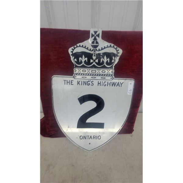 Vintage Ontario "The King's Highway 2” Shield Road metal Sign with Crown Emblem 28”×22”
