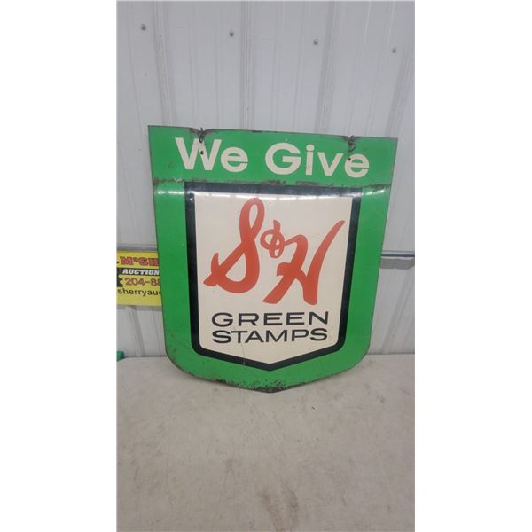 Vintage "We Give S and H Green Stamps" Double-Sided Shield-Shaped Metal Advertising Sign 30”×36”