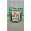 Image 1 : Vintage "We Give S and H Green Stamps" Double-Sided Shield-Shaped Metal Advertising Sign 30”×36”