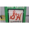 Image 3 : Vintage "We Give S and H Green Stamps" Double-Sided Shield-Shaped Metal Advertising Sign 30”×36”