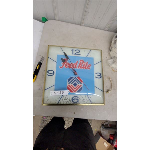 Vintage Feed Rite Lighted Advertising Wall Clock, Square Brass-Tone Frame, 15”×15”