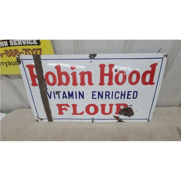 Vintage Robin Hood Vitamin Enriched Flour Enamel Advertising Sign 15”×28”