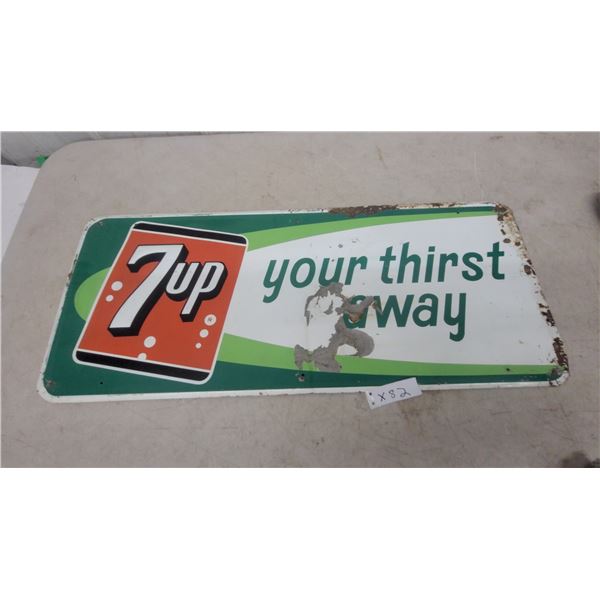 Vintage 7UP "Your Thirst Away" Metal Embossed Advertising Sign, Late 1960s 12”×29”