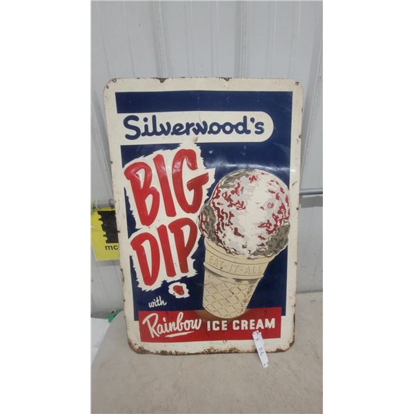 Silverwood's "Big Dip" Rainbow Ice Cream Embossed Metal Advertising Sign Vintage 23”×35”