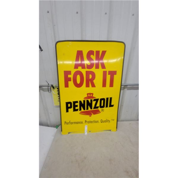 Pennzoil "Ask for It" Yellow Advertising Sign with Performance Protection Quality Tagline 24”×36”