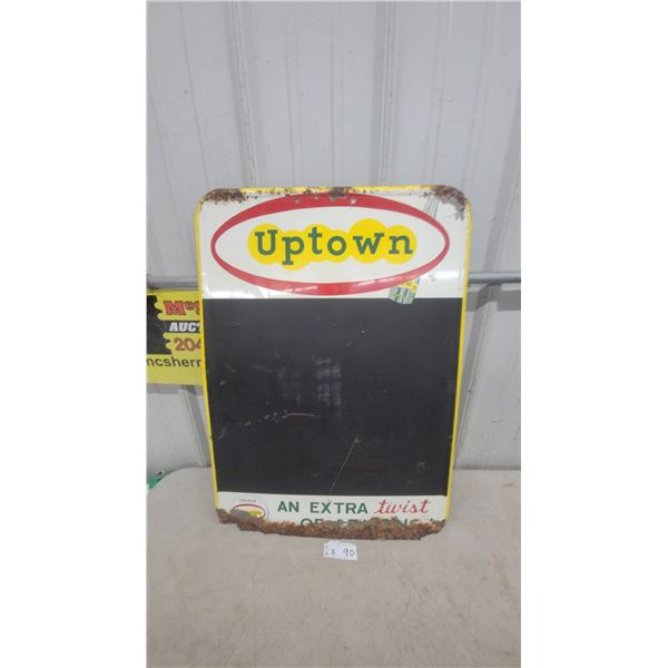 Vintage Uptown Soda "An Extra Twist of Lemon" Embossed Metal Chalkboard Sign, circa 1960s 19”×27”