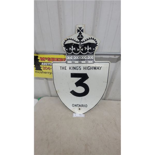 Vintage Ontario "The King's Highway 3” Metal Provincial Road Sign with St. Edward's Crown