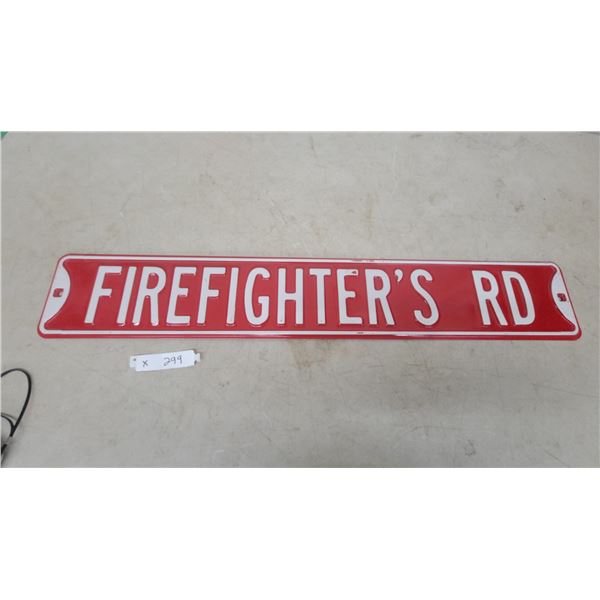 "Firefighter's Rd" Embossed Metal Street Sign, Red and White 6”×36”