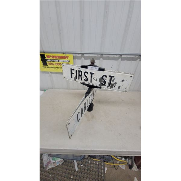 Vintage "First St" and "Carlton Ave" Double-Sided Cast Metal Embossed Street Sign with Bracket 24”