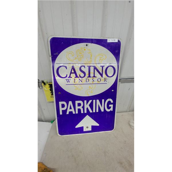 Casino Windsor Metal Parking Sign with Directional Arrow, Purple, White, and Yellow 24.6” x 35.6”