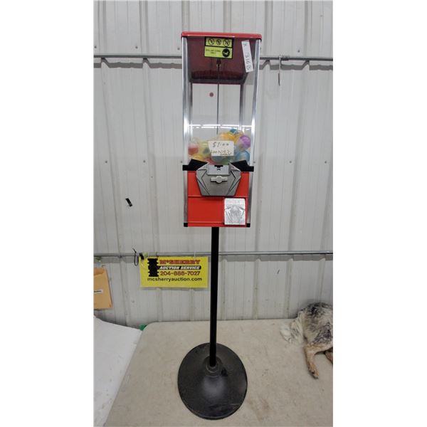 Capsule Vending Machine, $1 Loonie Coin Operated, Red and Chrome on Black Pole Stand 57” tall