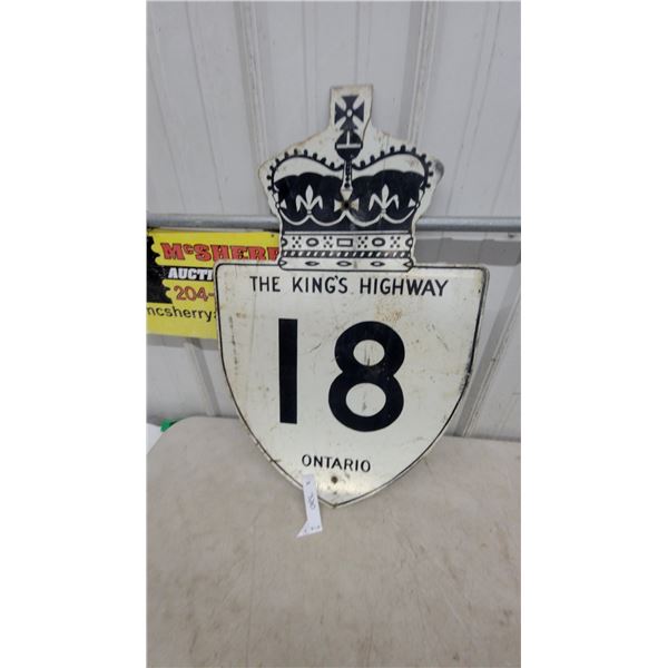 Vintage Ontario "The King's Highway" 18 Shield Road Sign With Crown, Pre-1952 18”×28.6”