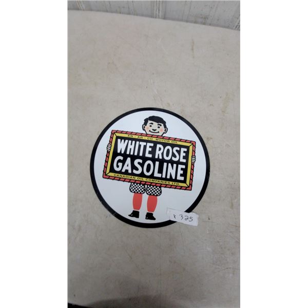 White Rose Gasoline and En-Ar-Co Motor Oil Round "Boy and Slate" Porcelain sign 12” diameter Modern