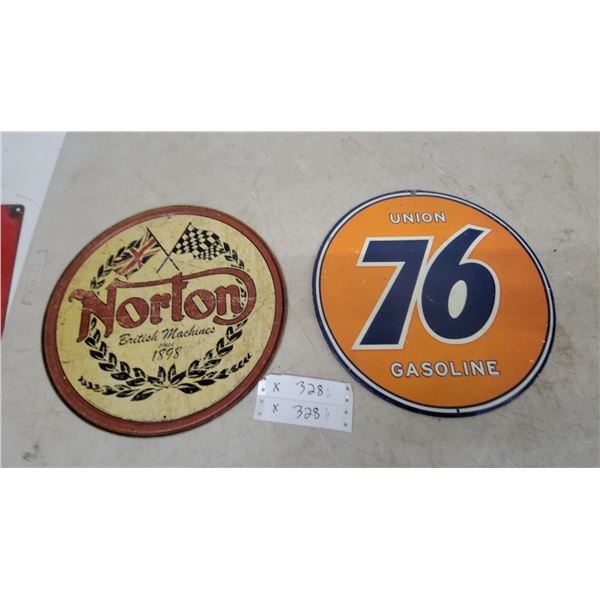 Norton British Machines and Union 76 Gasoline Round Tin Embossed Advertising Signs 12” diameter
