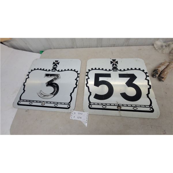 Vintage Ontario King's Highway 3 and 53 Route Marker Signs with Crown and Maltese Cross 18”×18”