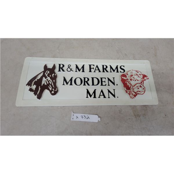 R and M Farms Morden Manitoba Vintage Embossed Promotional Sign with Cow Head and Beef Graphics