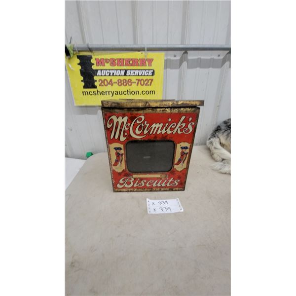 Vintage McCormick's Biscuits Store Display Tin with Viewing Window and Colonial Boy Illustrations