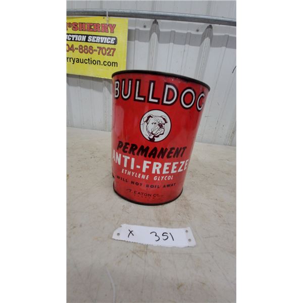 Bulldog Permanent Anti-Freeze Ethylene Glycol Tin Can, T. Eaton Co. Canada one gallon