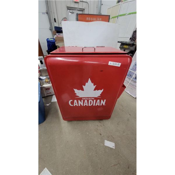 Molson Canadian Branded Stand-Up Rolling Cooler with Hinged Lid and Built-In Bottle Opener