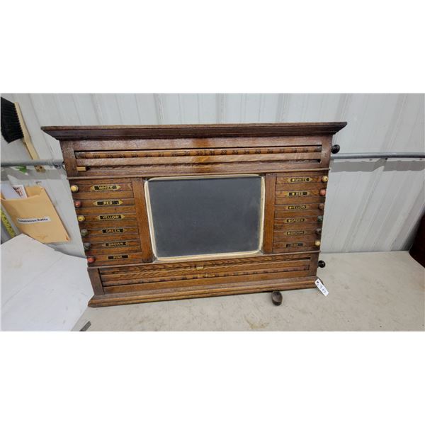 Antique Oak Snooker Scoreboard with Sliding Ball Color Trackers and Central Chalkboard 25”×38”
