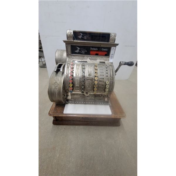 Antique National Model 386 Nickel-Plated Cash Register on Wood Base, circa 1908-1912
