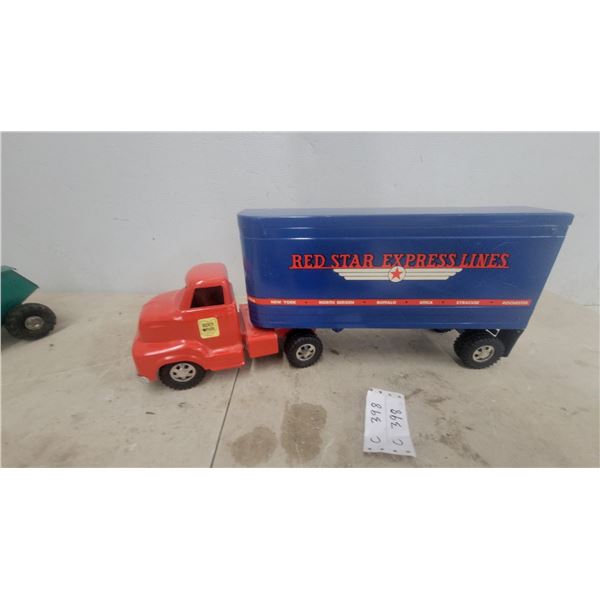 Buckeye Red Star Express Lines Semi-Truck and Trailer, circa 1950s pressed Metal 22” long