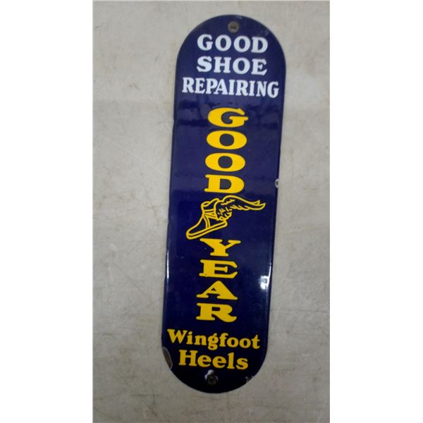 Goodyear Wingfoot Heels “Good Shoe Repairing” Porcelain Enamel Sign, 4”×1