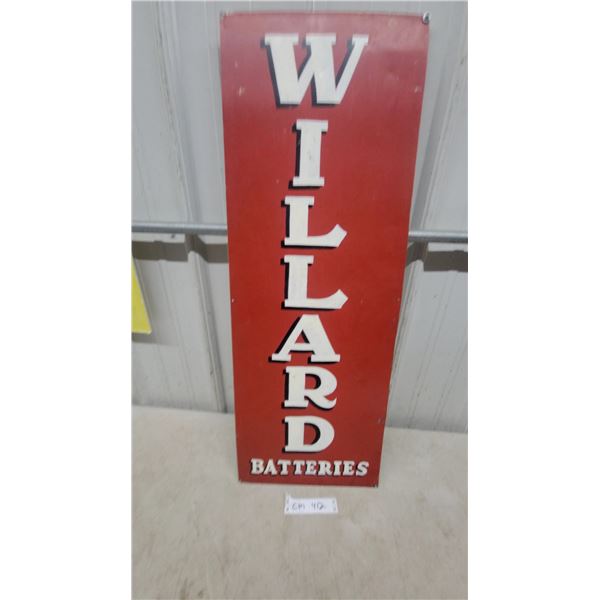Vintage Willard Batteries Single-Sided Vertical Metal Advertising Sign 12”×33”