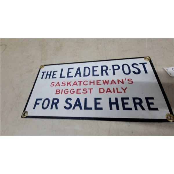 The Leader-Post "Saskatchewan's Biggest Daily" Porcelain Enamel Advertising Sign 6”×12”