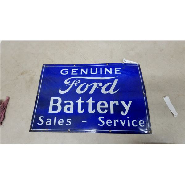 Genuine Ford Battery Sales and Service Porcelain Enamel Sign, 15”×23”