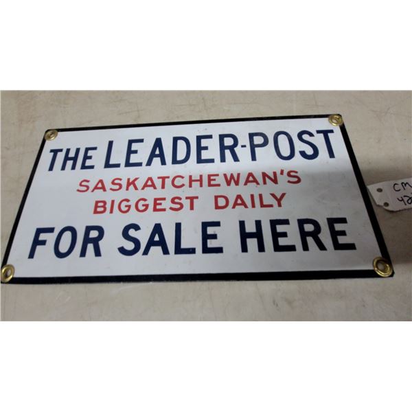 "The Leader-Post Saskatchewan's Biggest Daily For Sale Here" Enamel Advertising Sign 6”×12”