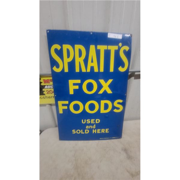 Spratt's Fox Foods Porcelain Enamel Sign, “Used and Sold Here”, 20”×30”
