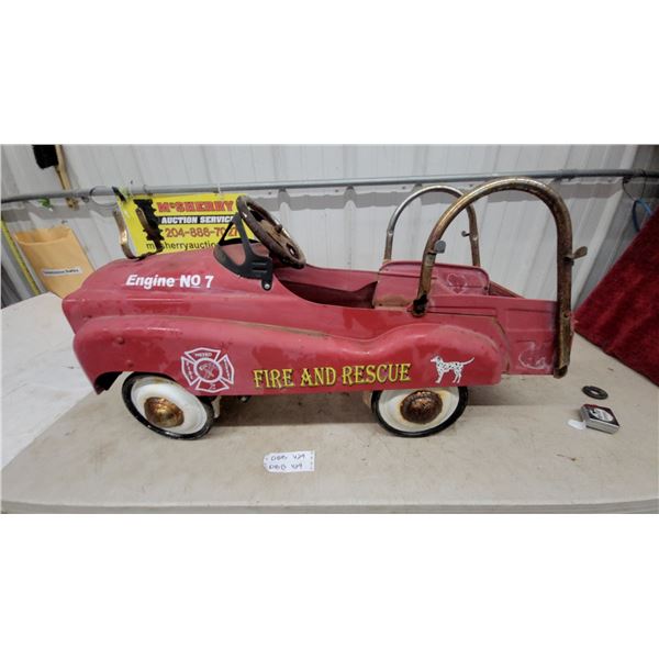 Vintage Red Fire and Rescue Metal Pedal Car, “Engine No 7” Decals
