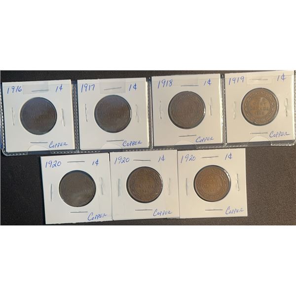 1916-1920 Canadian Large Cent Copper Coins (7)
