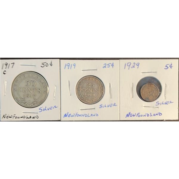 Three Newfoundland Silver Coins: 1917, 1919 50 Cents, 1940 5 Cents