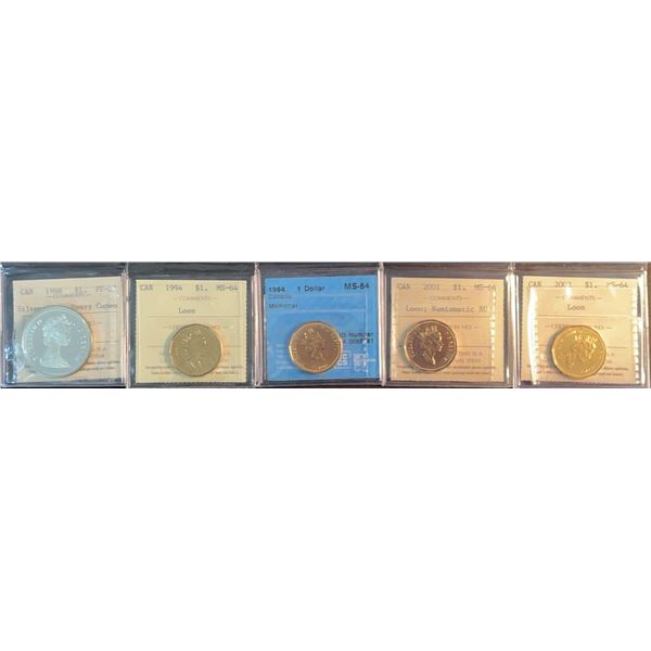 5 Certified Canadian Loon Dollar Coins (1994–2001, MS-64)