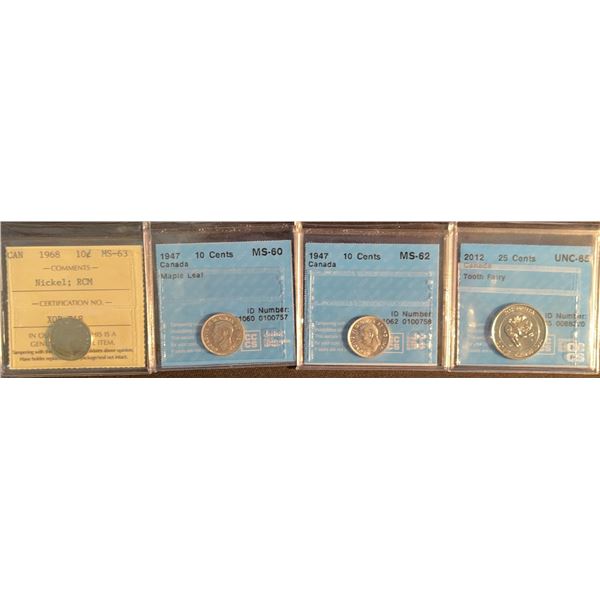 Four Slabbed Canadian Dimes 1947, 1968, 2012 Certified