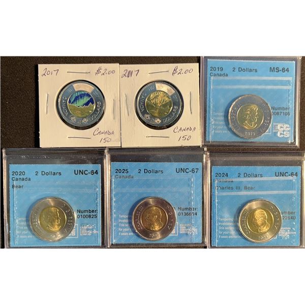 2017–2025 Canada $2 Toonie Coin Collection, 6 Coins, Certified Holders