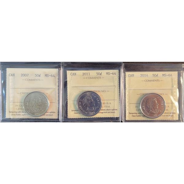 Three Canadian 50 Cent Proof Coins 2007, 2011, 2014 in Holders