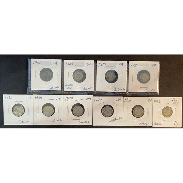 10 Canadian Silver 5 Cents Coins, 1916–1939
