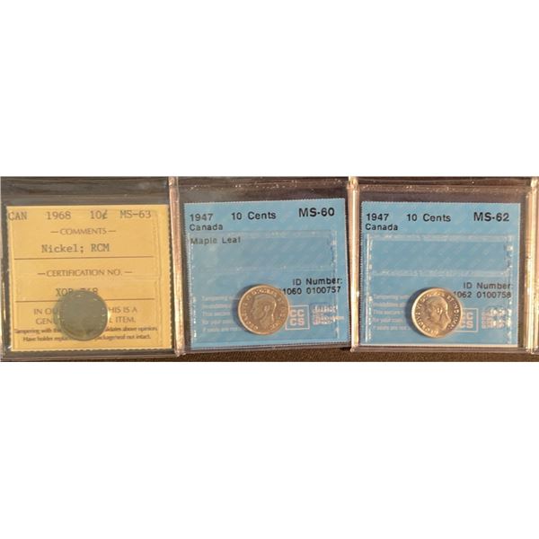 Three Slabbed Canadian Dimes 1947, 1968 Certified