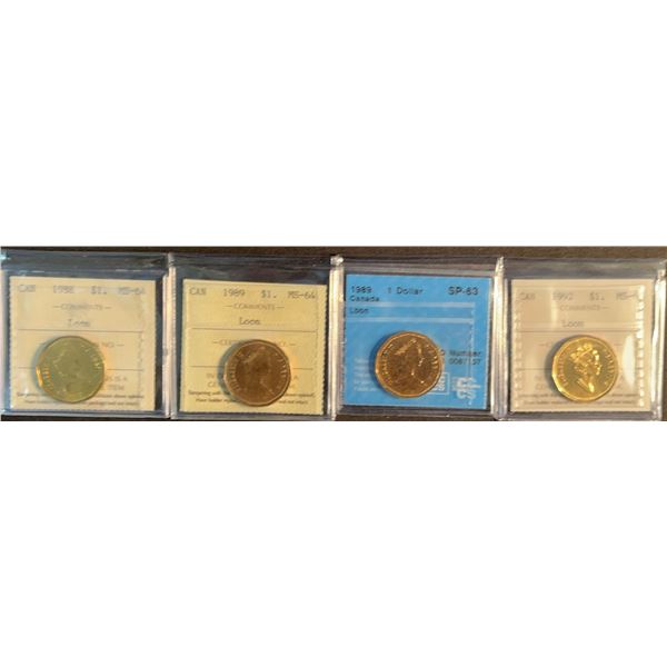 1988, 89, 92 Four Canadian One Dollar Coins, ICCS Graded