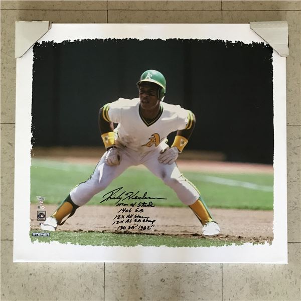 RICKY HENDERSON SIGNED 24 X 30 FRAMED CANVAS W 5 INSCRIPTIONS (FANATICS COA)