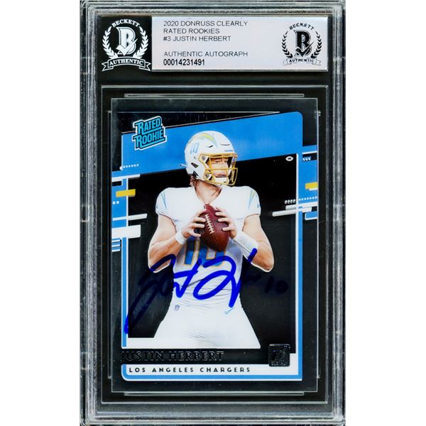 2020 DONRUSS CLEARLY RATED ROOKIES JUSTIN HERBERT SIGNED TRADING CARD - BECKETT ENCAPSULATED